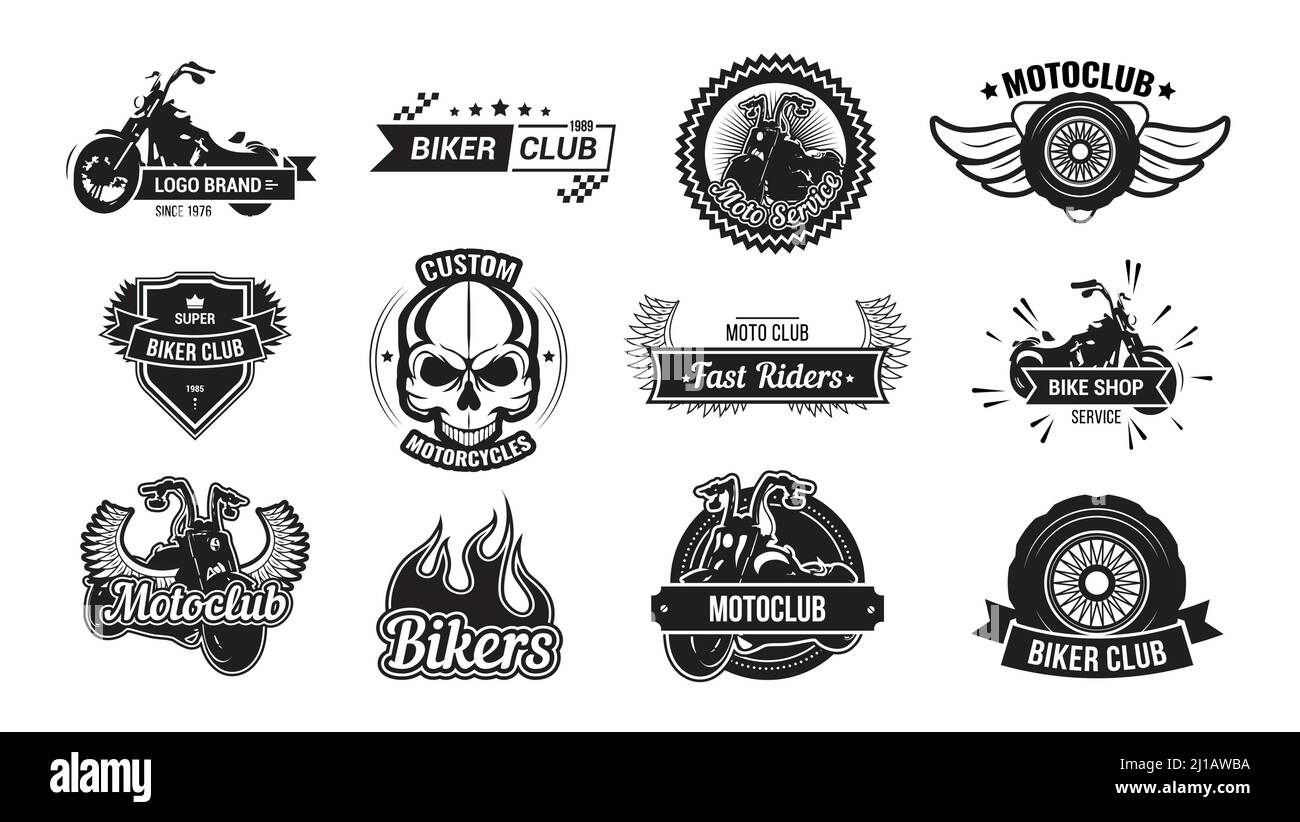 Ensemble de l'emblème du club des motards. Modèles de logo monochrome avec motos sport rapides, crâne, roues, ailes. Illustration vectorielle plate pour le vélo clu Illustration de Vecteur