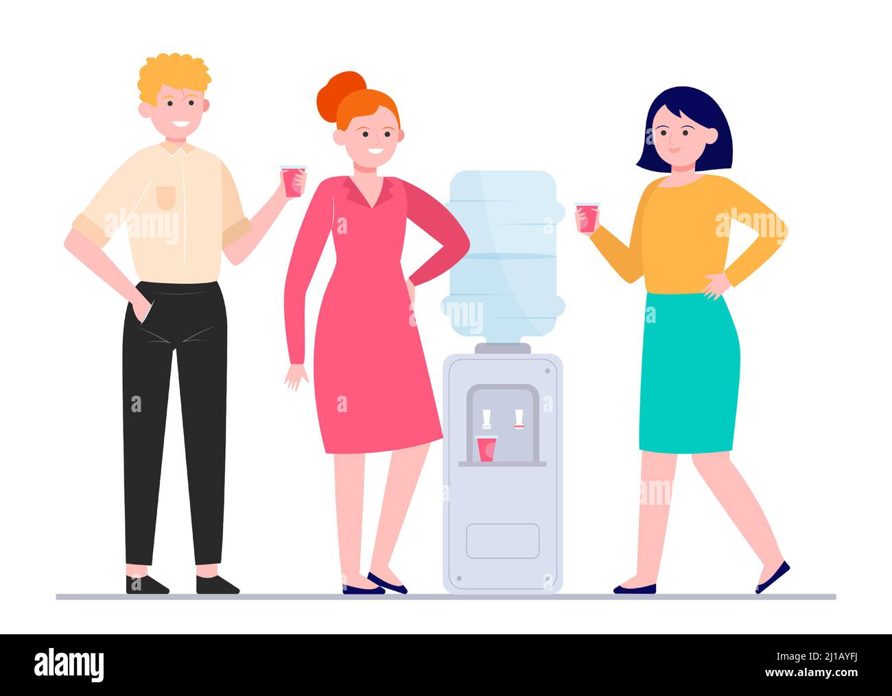 Personnes positives qui boivent de l'eau au réfrigérateur. Collègues de bureau, discussion, casse-plan illustration vectorielle. Concept de boissons, rafraîchissements, glacière à eau pour Illustration de Vecteur