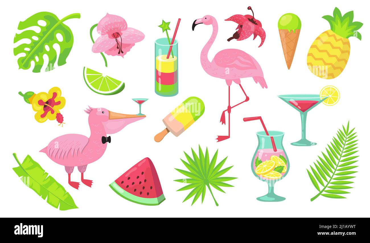 Ensemble de fête d'été sur la plage. Cocktails tropicaux, flamants roses des Caraïbes, fruits hawaïens, nourriture et feuilles de palmier. Illustration vectorielle pour les vacances Illustration de Vecteur