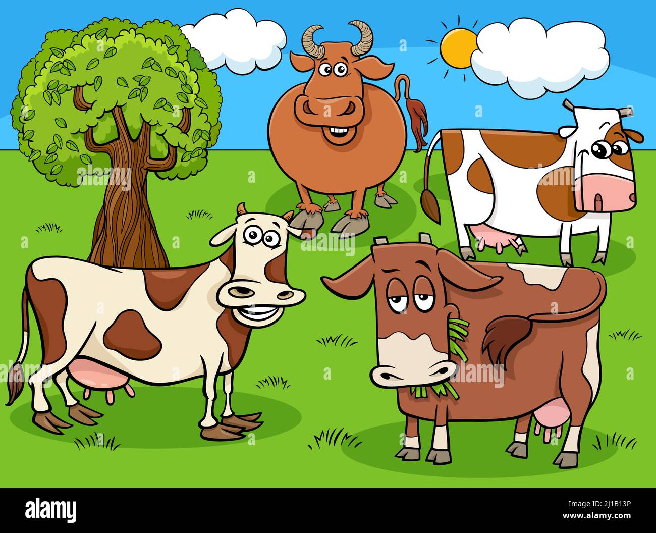 Illustration de dessin animé de vaches ferme animaux caractères groupe dans le pré Illustration de Vecteur