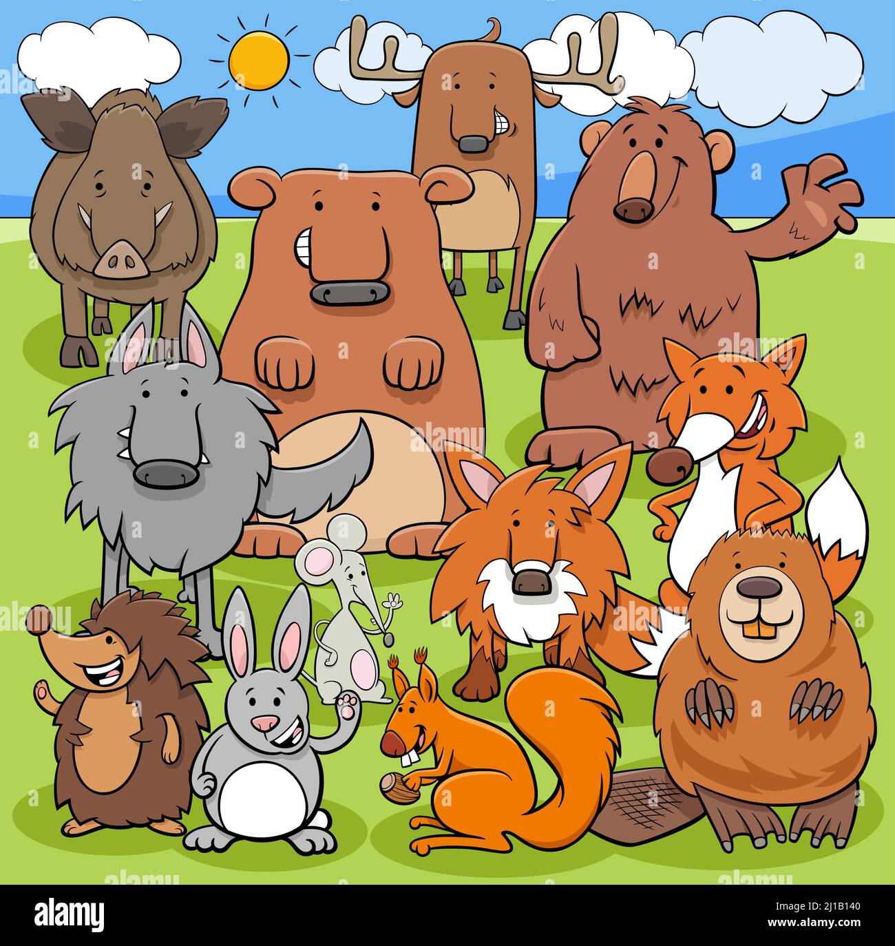 Illustrations de dessins animés de drôle de groupe de personnages d'animaux sauvages Illustration de Vecteur