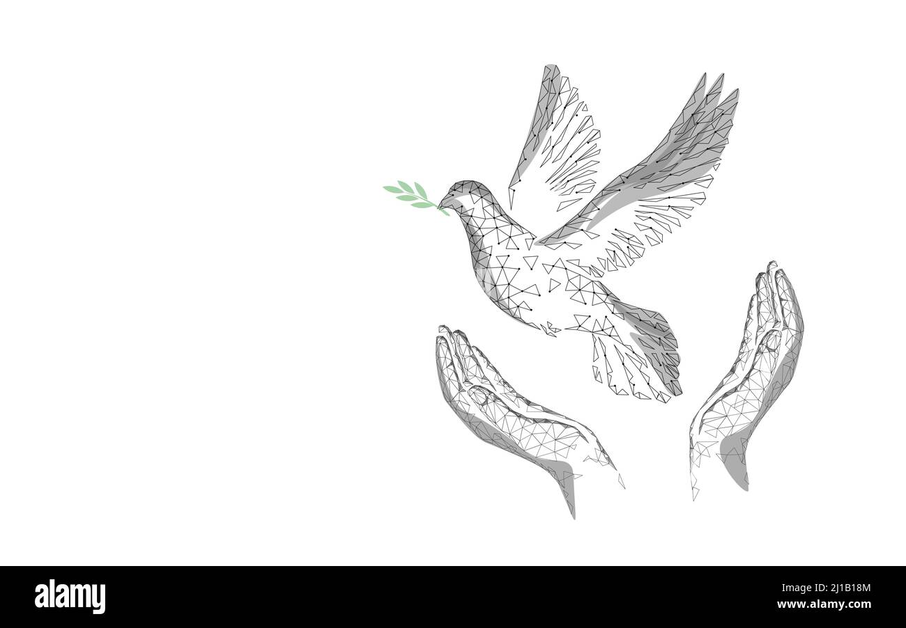Faible poly art colombe de la paix. Affiche de la Journée mondiale de l'espoir de pigeon contre la violence de conflit militaire dessin esquisse. Les oiseaux nationaux ne s'arrêtent pas de vecteur de guerre Illustration de Vecteur