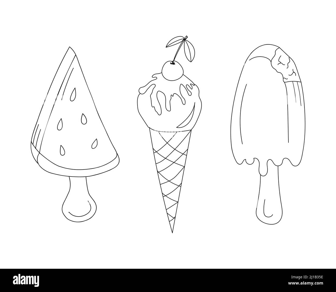 Crème glacée dans le style art de la ligne. Vecteurs pour tirages, textiles, autocollants, affiches, cartes postales, design du menu, intérieur du café. Illustration de Vecteur