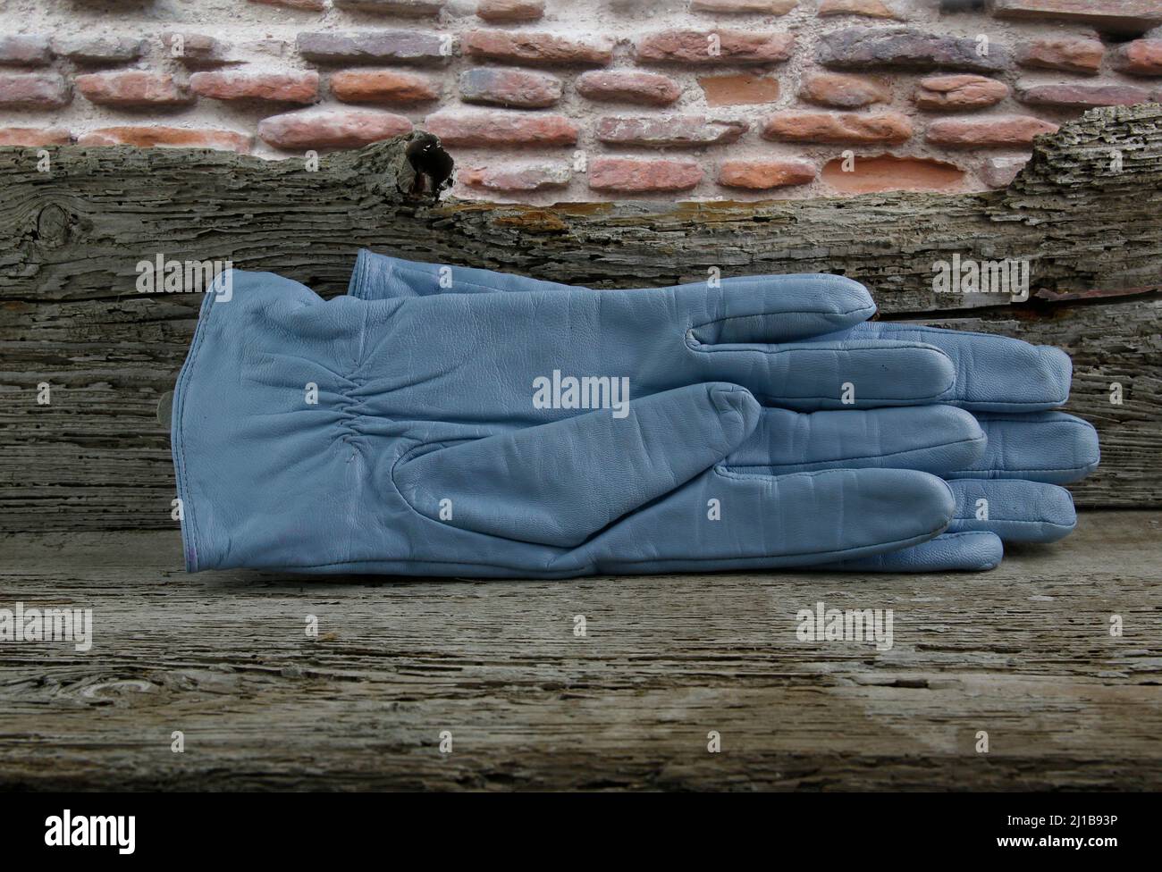 Gants en cuir bleu sur une ancienne étagère en bois Banque D'Images