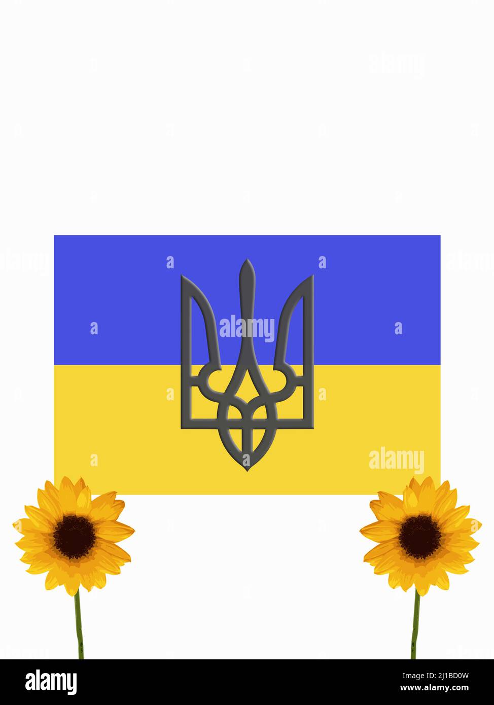 Armoiries ukrainiennes et drapeau national décoré de tournesols, 3D en rendu Banque D'Images