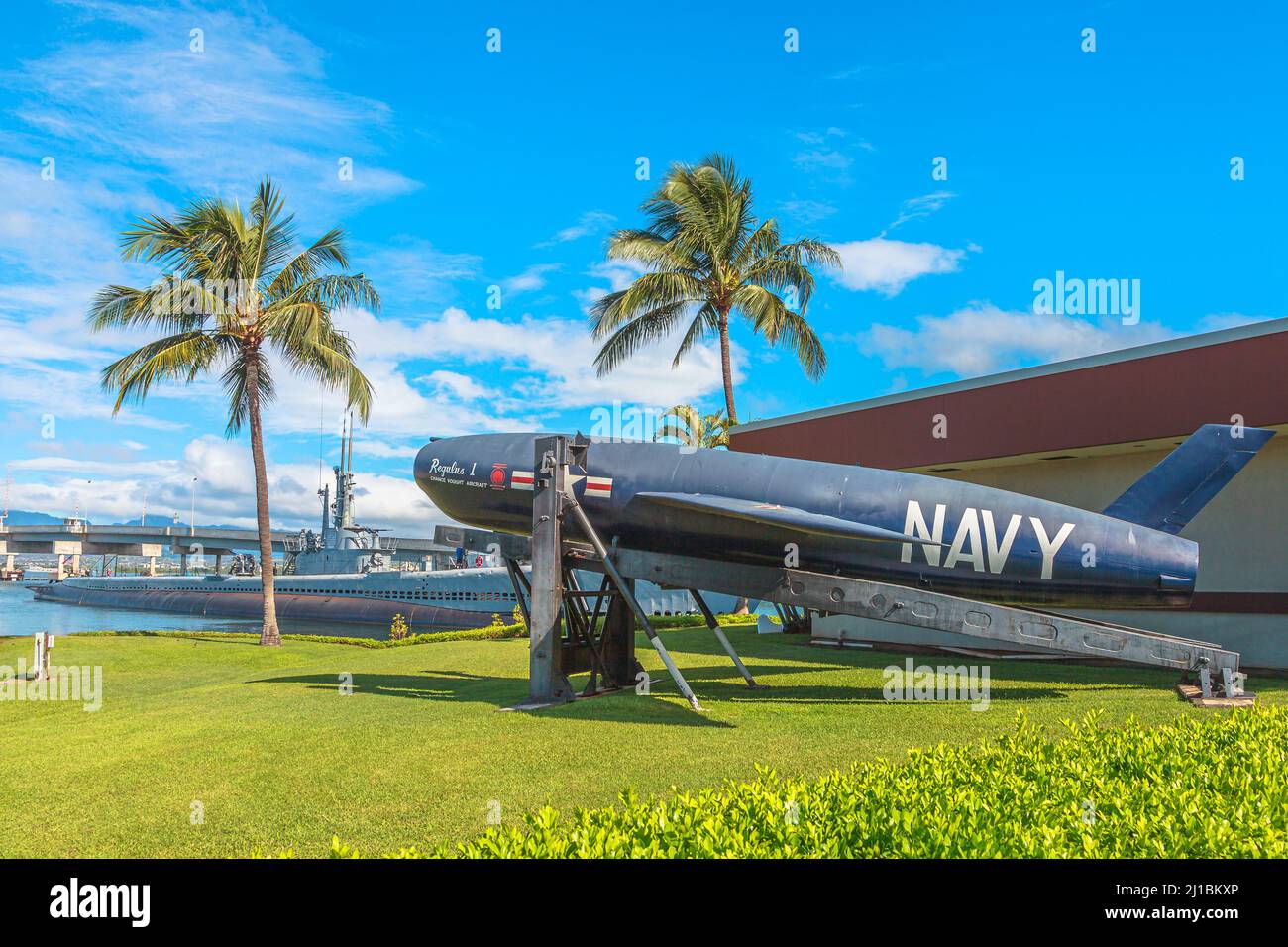 Pearl Harbor, Honolulu, Oahu, Hawaii, États-Unis - août 2016 : missile de croisière nucléaire Regulus 1 du SSM N-8 de la guerre froide de 1950s-1960s. Situé dans Banque D'Images