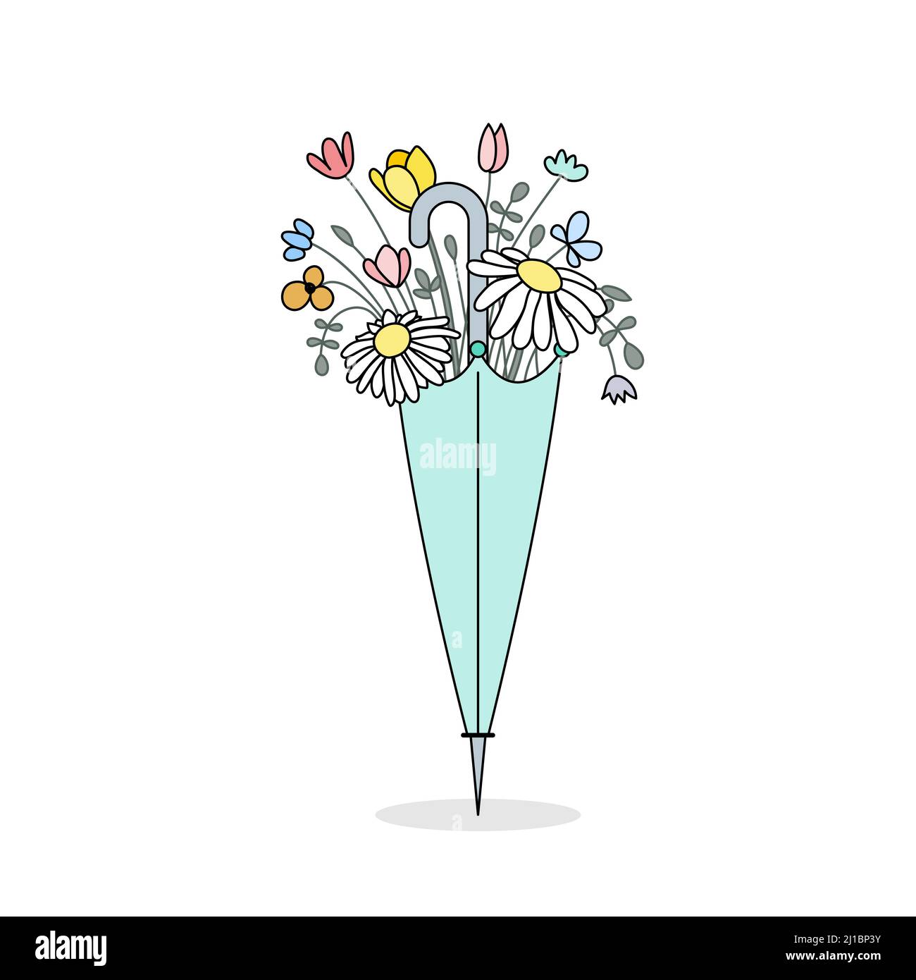 Bouquet floral dans un parapluie turquoise. Contour noir. Illustration remplie à la main. Isolé. Illustration vectorielle, conception plate Illustration de Vecteur