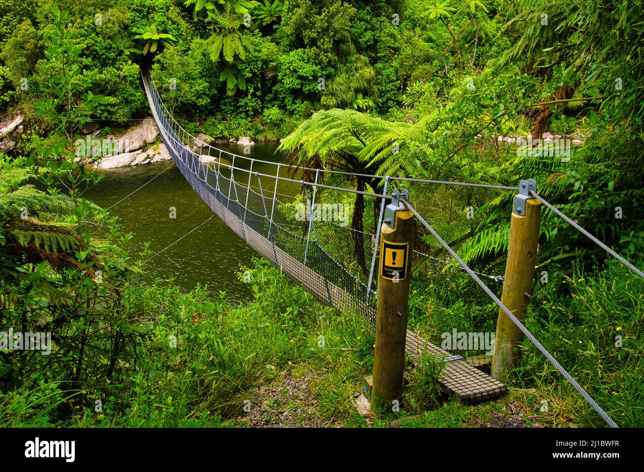 Passerelle au-dessus de la rivière Otaki dans la zone de la fourche d'Otaki du parc forestier de Tararua, la côte de Kapiti, l'île du Nord, la Nouvelle-Zélande, une zone avec une forêt pluviale dense Banque D'Images