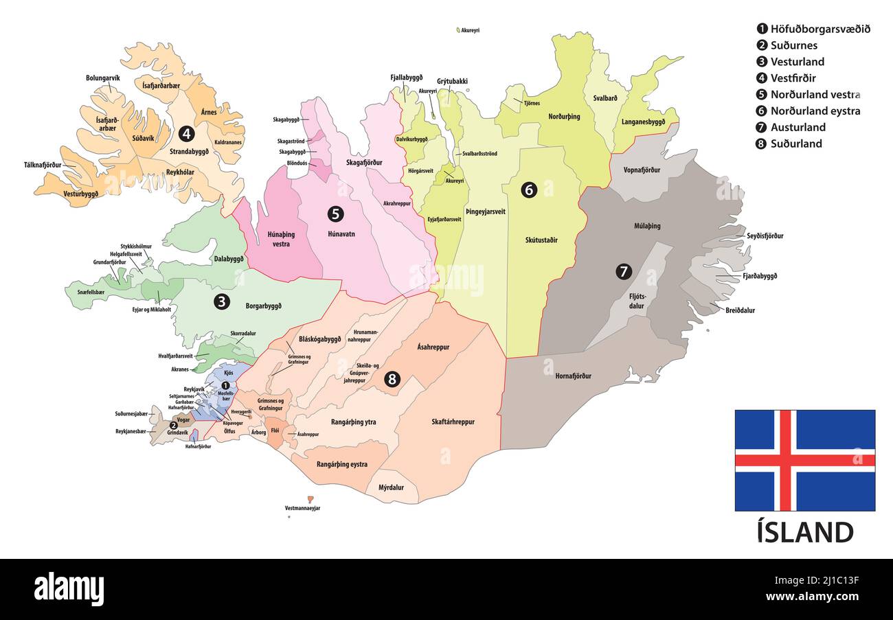 Carte vectorielle des divisions administratives de l'Islande Illustration de Vecteur