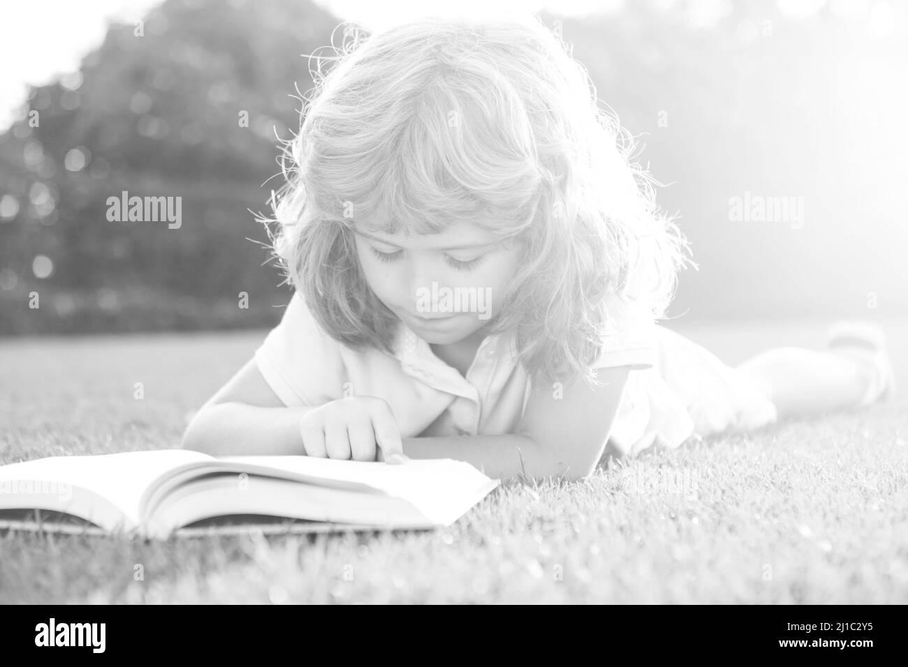 Mignon garçon lisant un livre sur l'herbe. Un enfant lit un livre dans le parc d'été. Banque D'Images