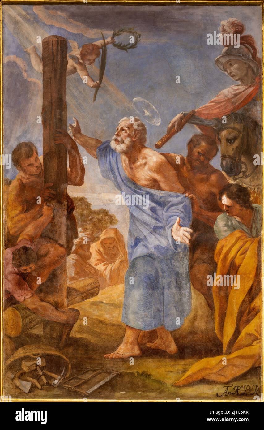 VALENCE, ESPAGNE - 14 FÉVRIER 2022 : la fresque de Crucifixion de Saint-Pierre dans la cathédrale et de Saint-Pierre chapell par Antonio Palomino de (1703). Banque D'Images