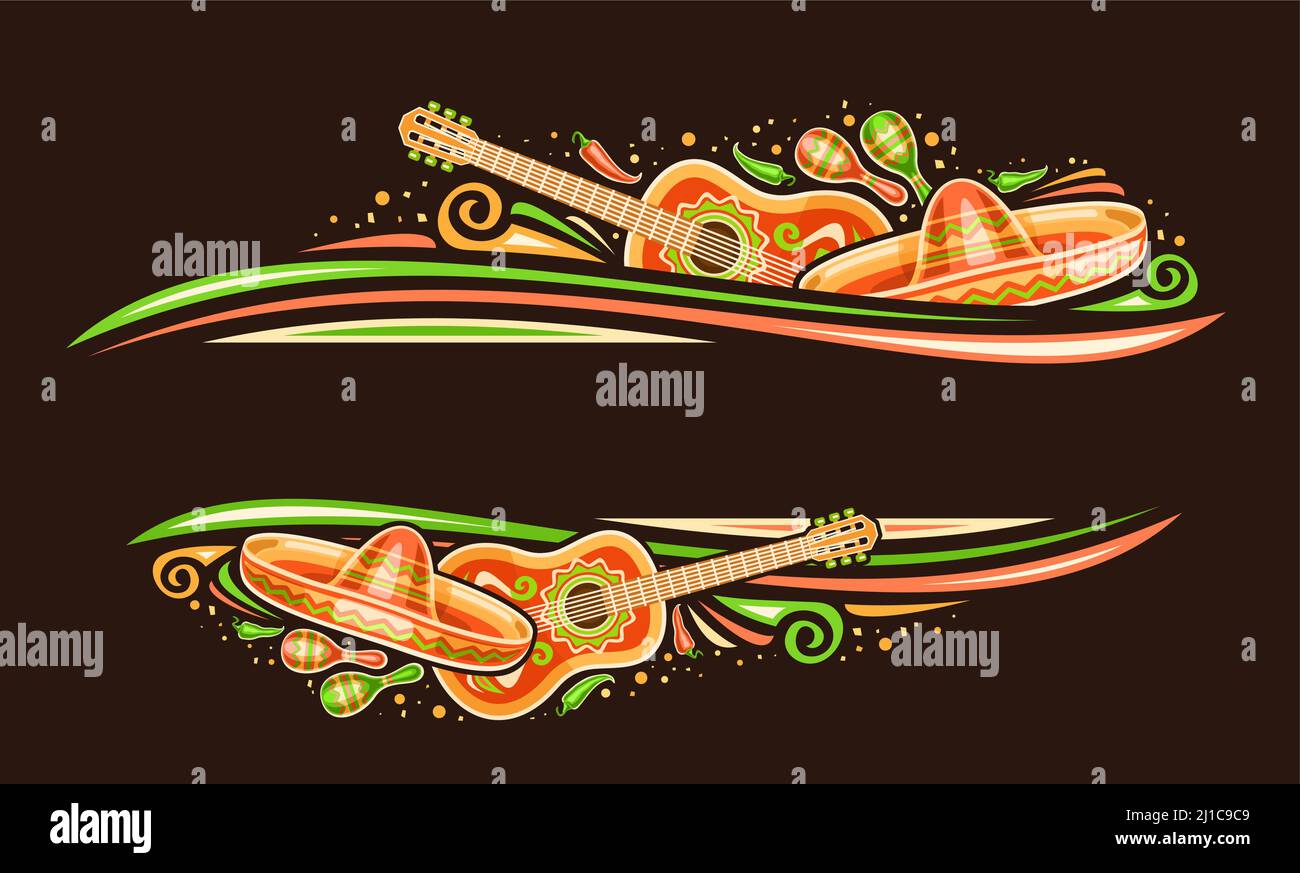 Bordure vectorielle pour Cinco de Mayo avec espace de copie pour le texte, pièce horizontale décorative avec illustration d'instruments de musique mexicains, rouge et vert Illustration de Vecteur