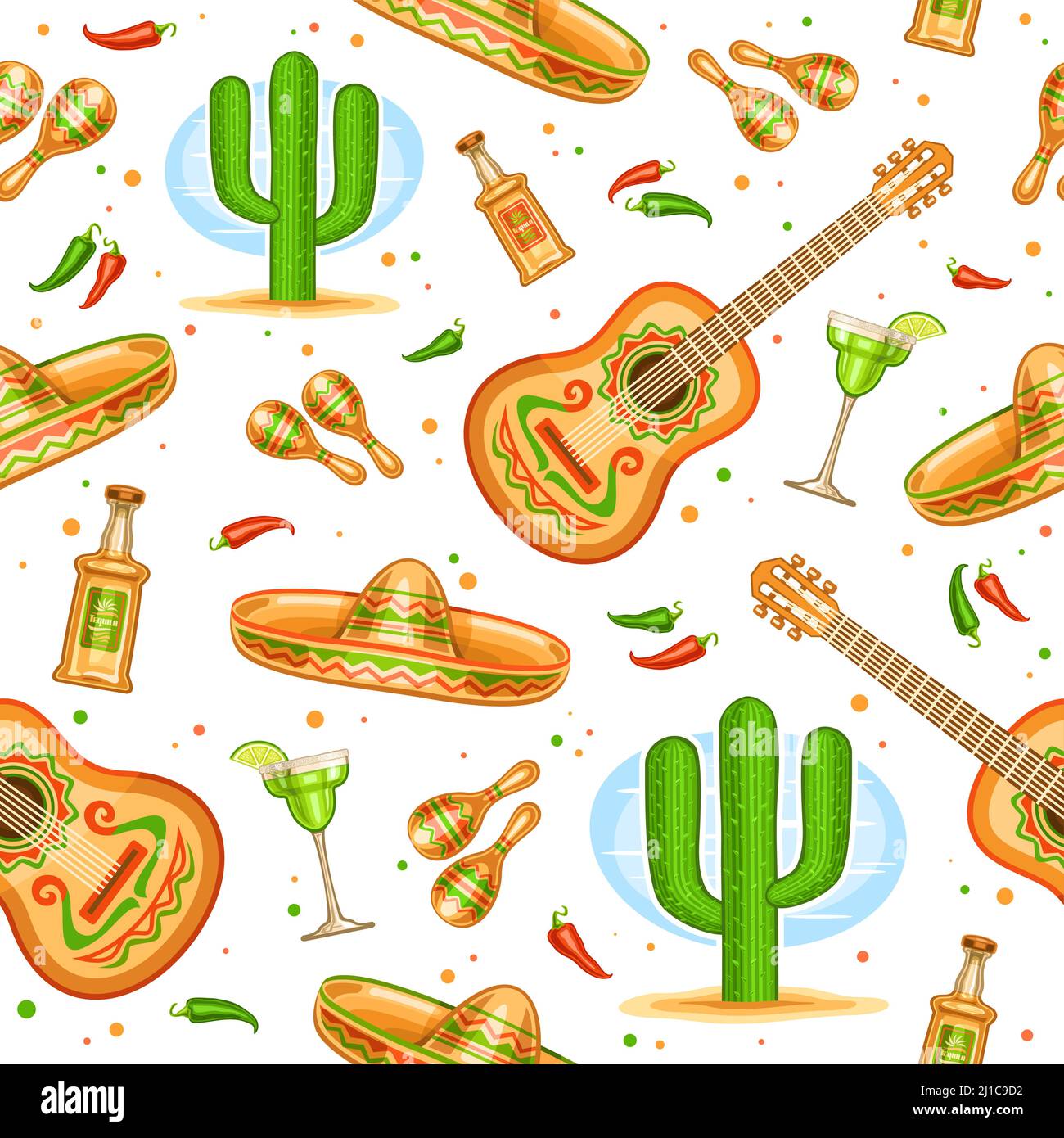 Vector Cinco de Mayo motif sans couture, fond carré répété avec jeu d'illustrations découpées instruments de musique mexicains traditionnels, Chili an Illustration de Vecteur