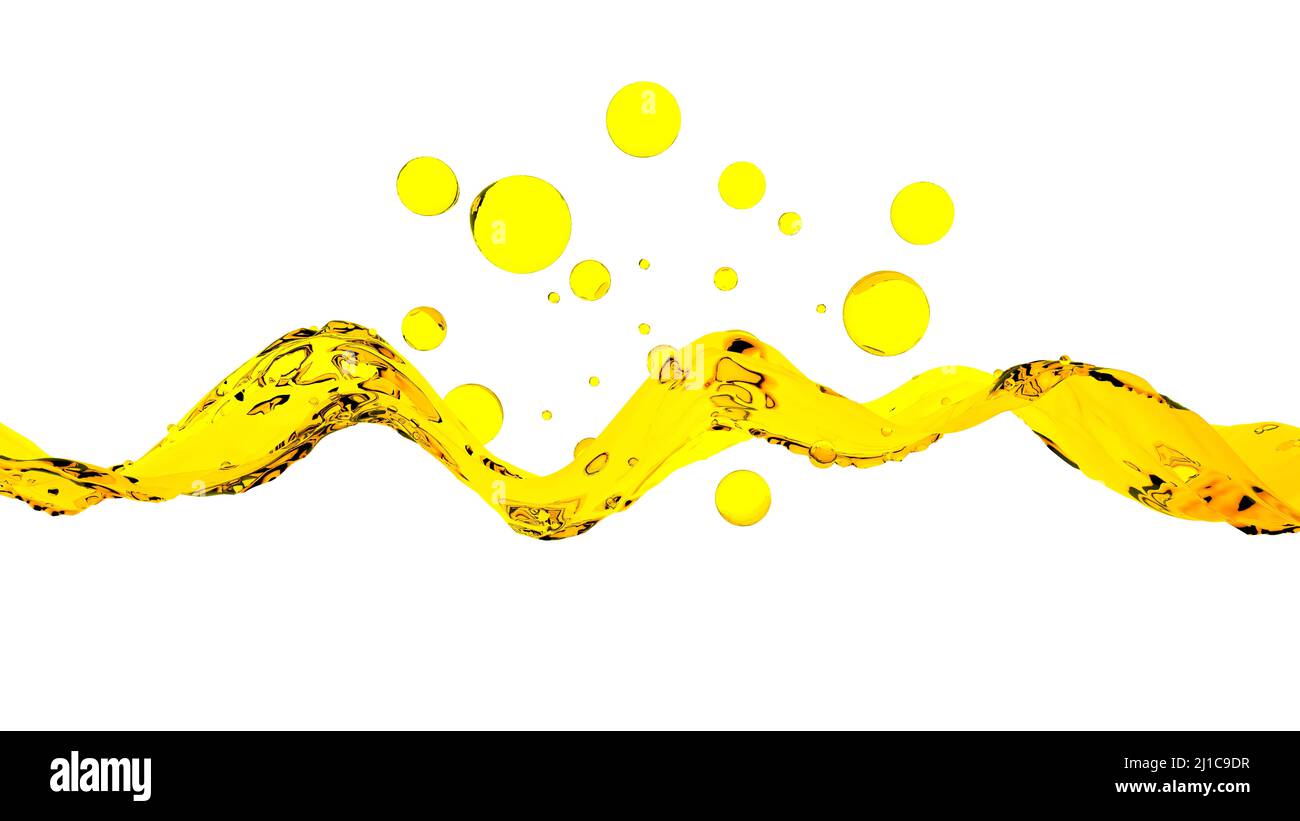 Gouttes d'huile et éclaboussures de liquide isolées sur fond blanc vide. Des gouttes d'huile végétale ou cosmétique jaunes d'or. Photo de haute qualité Banque D'Images