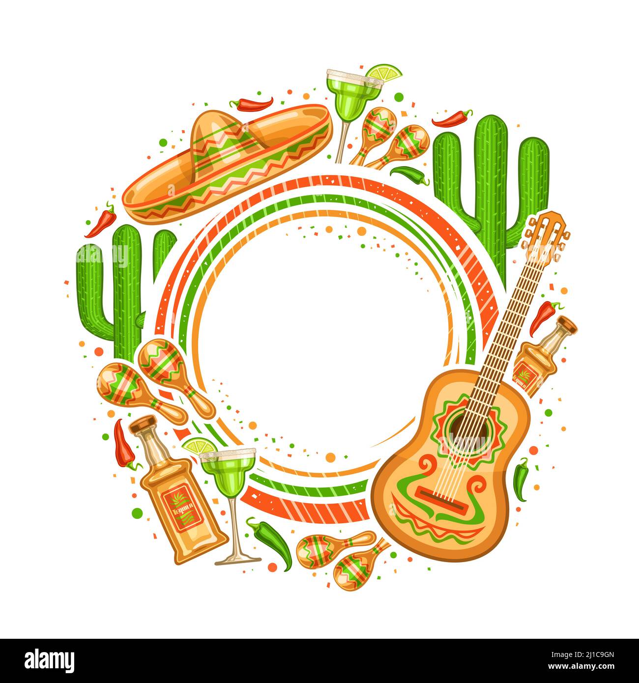 Cadre vectoriel pour Cinco de Mayo avec espace de copie pour le texte, étiquette de prix ronde décorative avec illustration d'instruments de musique mexicains, ho rouge et vert Illustration de Vecteur