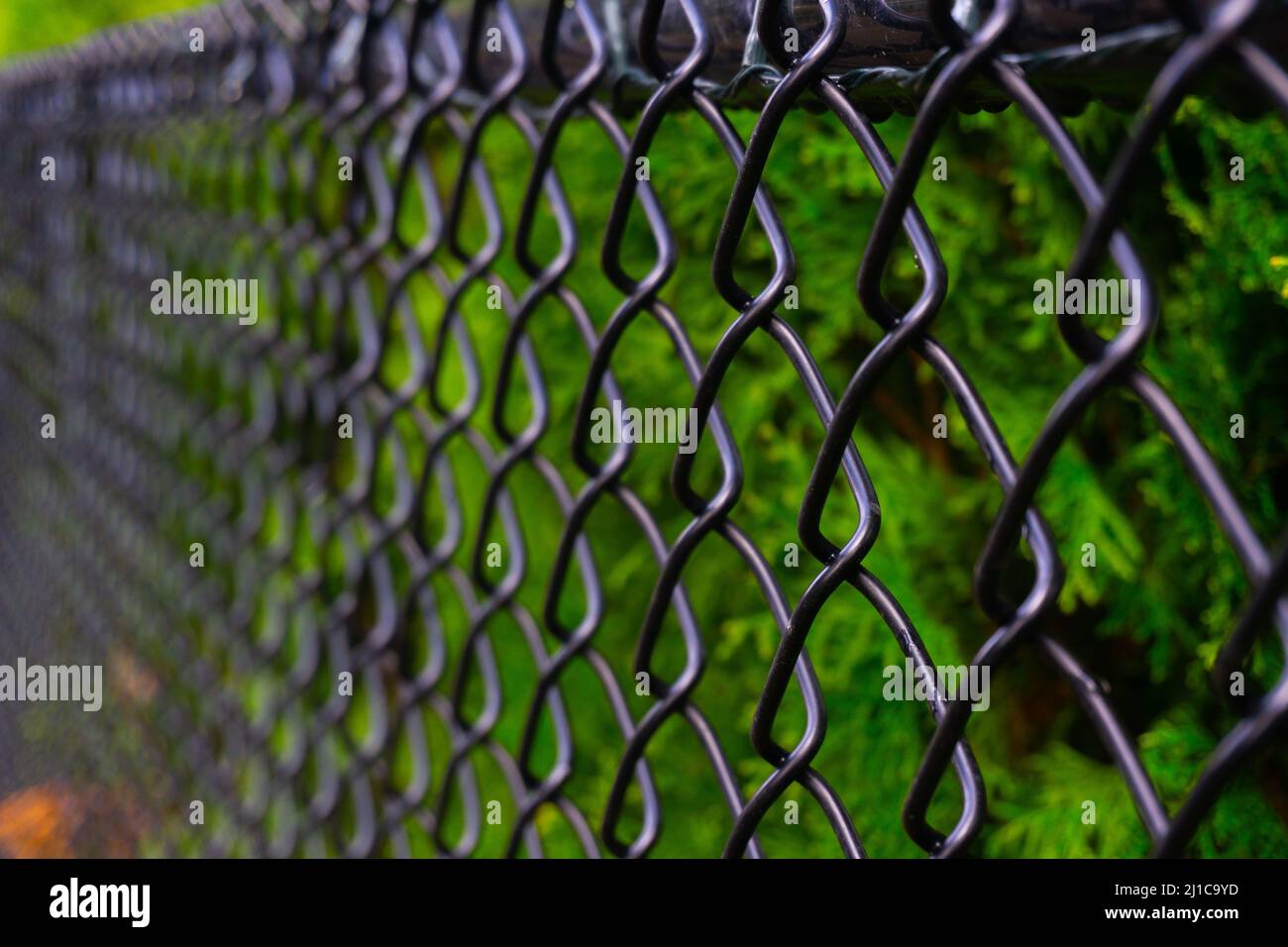 Une clôture en chaînette noire photographiée d'un point de vue créatif pour donner la profondeur de l'image. Banque D'Images