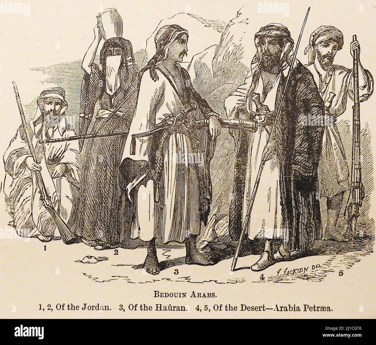 Une esquisse comparative de 19th siècles de différentes tribus des Arabes bédouins, de Jordanie, d'Hauran, d'Arabie, de Petrée. Banque D'Images