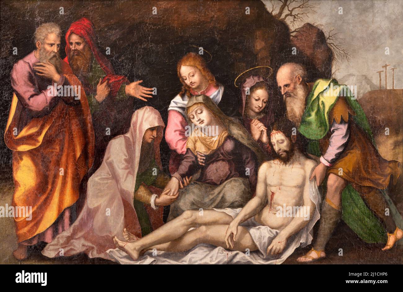 Valence - la peinture de la croix de dépôt dans l'église Iglesia San Juan del Hospital par Jeronimo Vicent Vallejo y Cosida à partir de 16. Cent. Banque D'Images