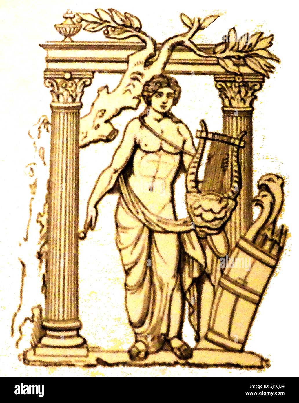 Une image ancienne de la divinité grecque et romaine, Apollon (étrusque, Apulu) avec son Lyre (copié d'un bas-relief à Rome). La divinité nationale des Grecs, Apollon a été reconnu comme un dieu du tir à l'arc, de la musique et de la danse, de la vérité et de la prophétie, de la guérison et des maladies, du Soleil et de la lumière, de la poésie, et plus encore. L'un des dieux grecs les plus importants et les plus complexes, il est le fils de Zeus et de Leto, et le frère jumeau d'Artemis, déesse de la chasse et vit sur le Mont Olympe Banque D'Images