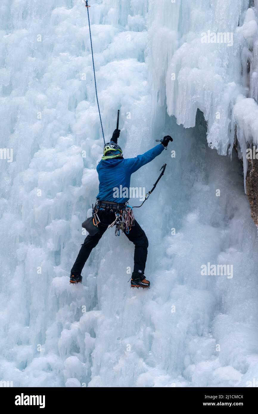 Un grimpeur de glace enlève un point d'ancrage de vis de glace alors qu'il monte un mur de glace de 160 pi de haut dans le parc de glace d'Ouray, Colorado, Banque D'Images