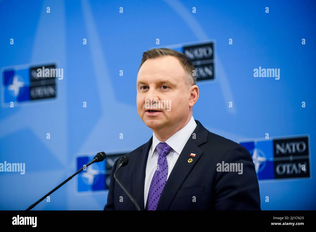 BRUXELLES, BELGIQUE. 24th mars 2022. Andrzej Duda, Président de la Pologne, lors d'une conférence de presse, après le Sommet extraordinaire de l'OTAN. Bruxelles, Belgique Banque D'Images