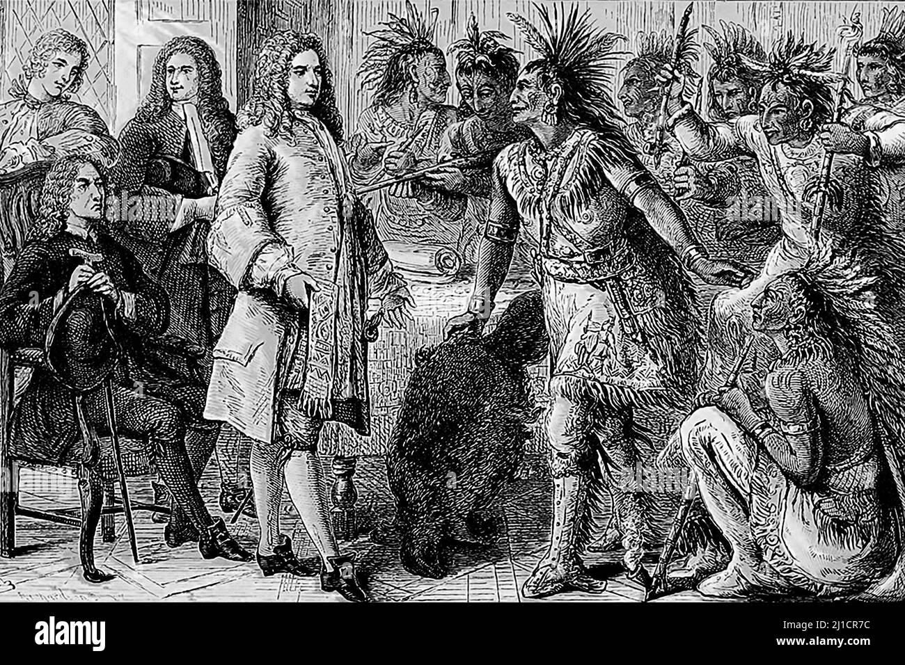 Le gouverneur William Burnett, de New York, rencontre des dirigeants amérindiens en 1721 Banque D'Images