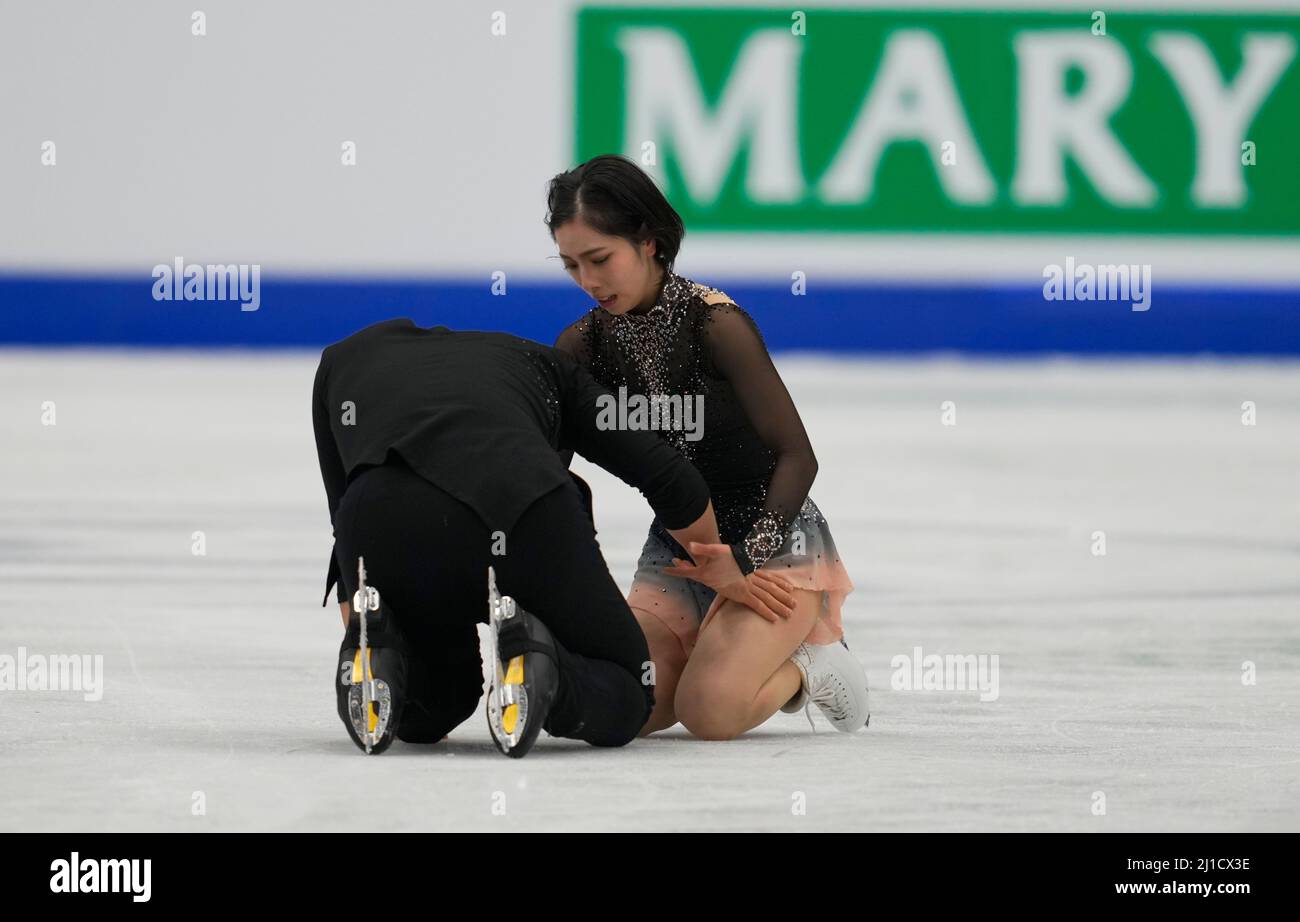 Stade Sud de France, Montpellier, France. 24th mars 2022. Riku Miura et Ryuichi Kihara du Japon pendant le patinage gratuit par paires, Championnat du monde de patinage artistique au Sud de France Arena, Montpellier, France. Kim Price/CSM/Alamy Live News Banque D'Images