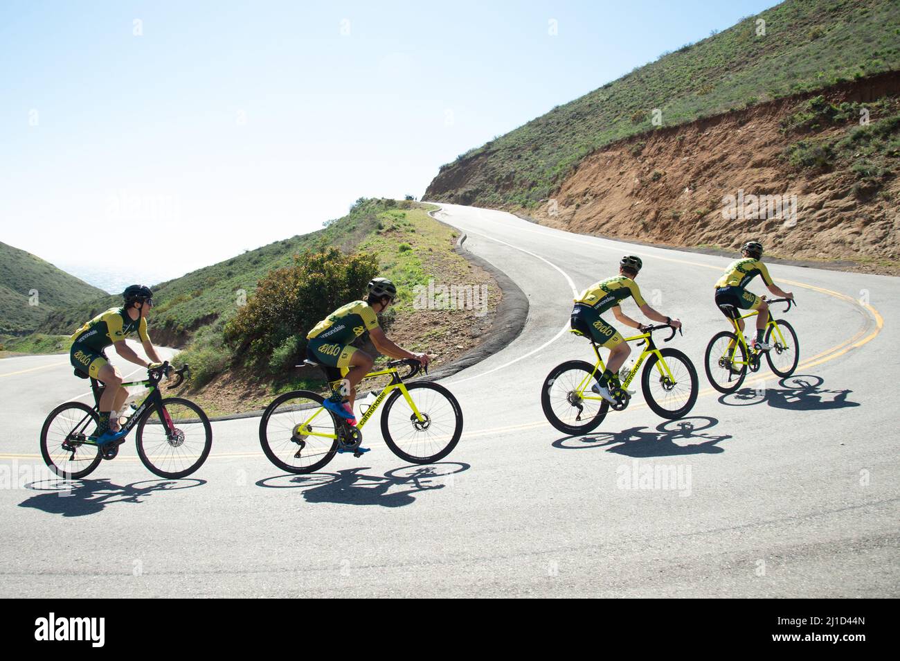 L'équipe cycliste Aevolo de moins de 23 ans sur un parcours d'entraînement dans les montagnes de Santa Monica en Californie. Banque D'Images