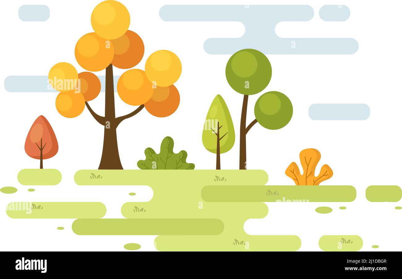 Nature et paysage unique d'arbres, de forêt, de montagnes, de fleurs ou de plantes au printemps et en été contexte en abstrait différentes formes plat style Ill Illustration de Vecteur