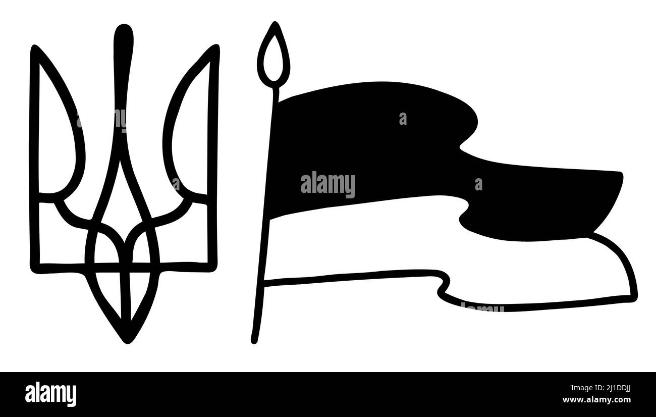 Symbole ukrainien. Armoiries du pays et du drapeau. Illustration vectorielle. Dessin à la main dans le style de la ligne de caniche. Pour la conception et la décoration du thème ukrainien Illustration de Vecteur