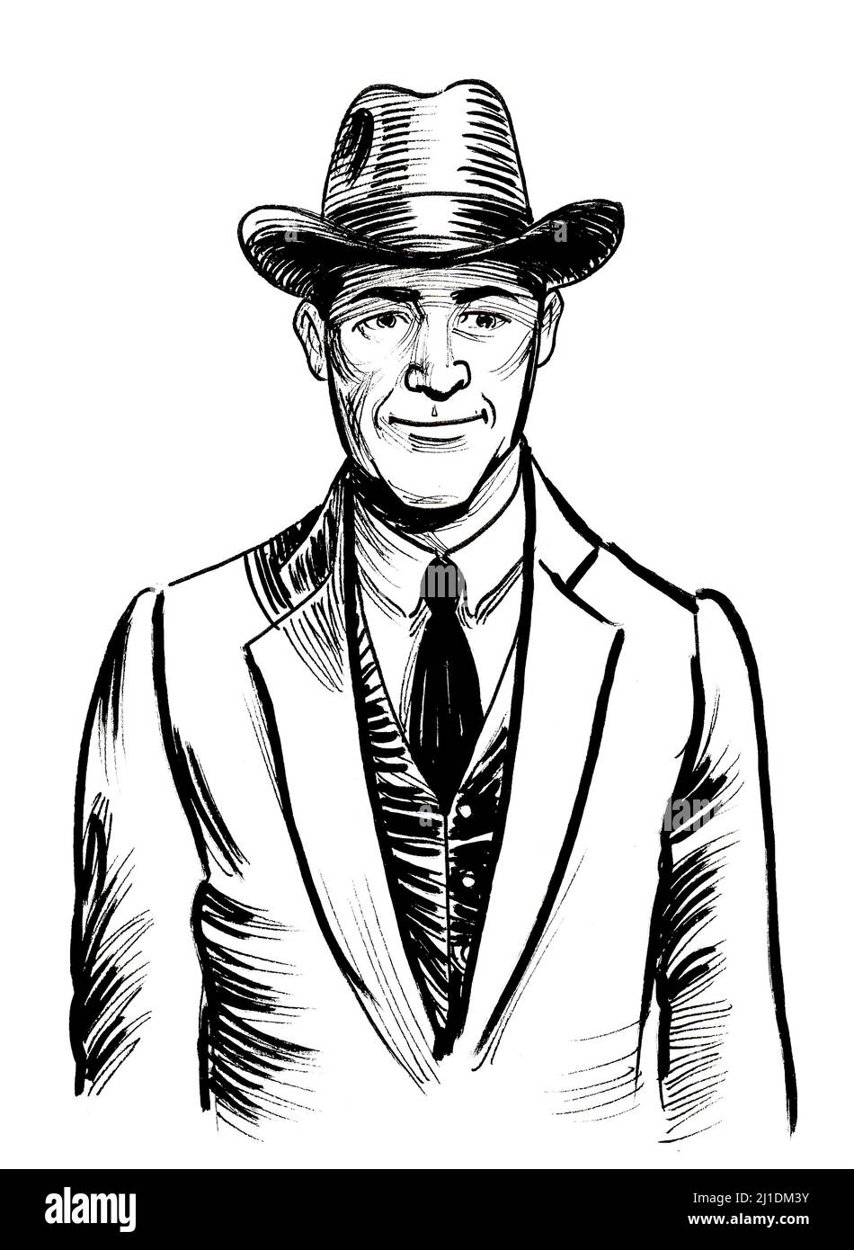 Homme en costume et chapeau. Dessin noir et blanc Photo Stock - Alamy