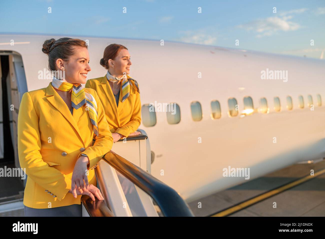 Des agents de bord joyeux se tenant près de la porte de l'avion à l'aéroport Banque D'Images