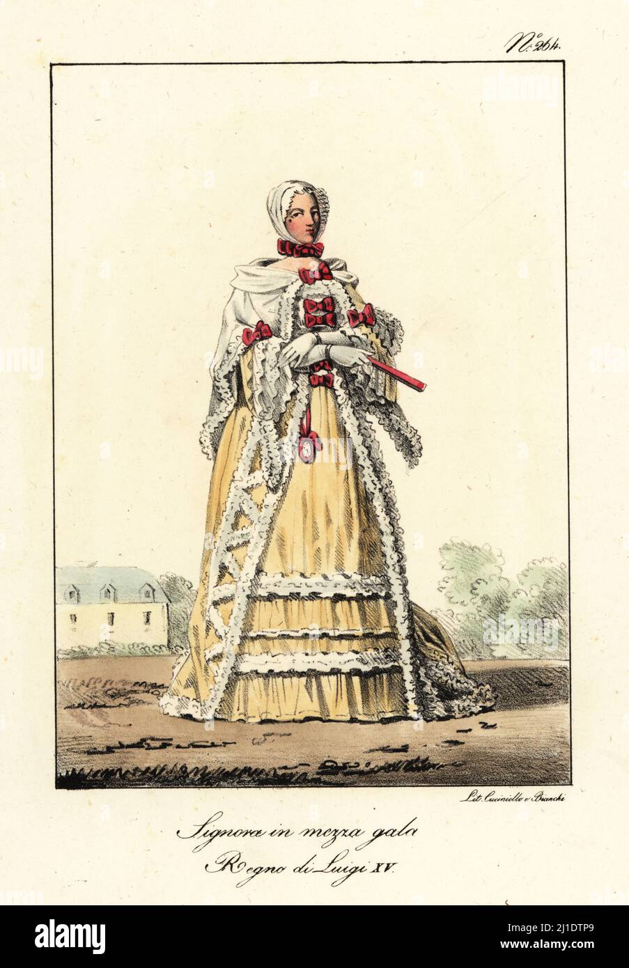 Femme française en vêtements semi-formels, époque du roi Louis XV, mi-18th  siècle. Capot et ruff en dentelle, cape et robe décorées de franges en  dentelle. Dame en demi parure. Regne de Louis
