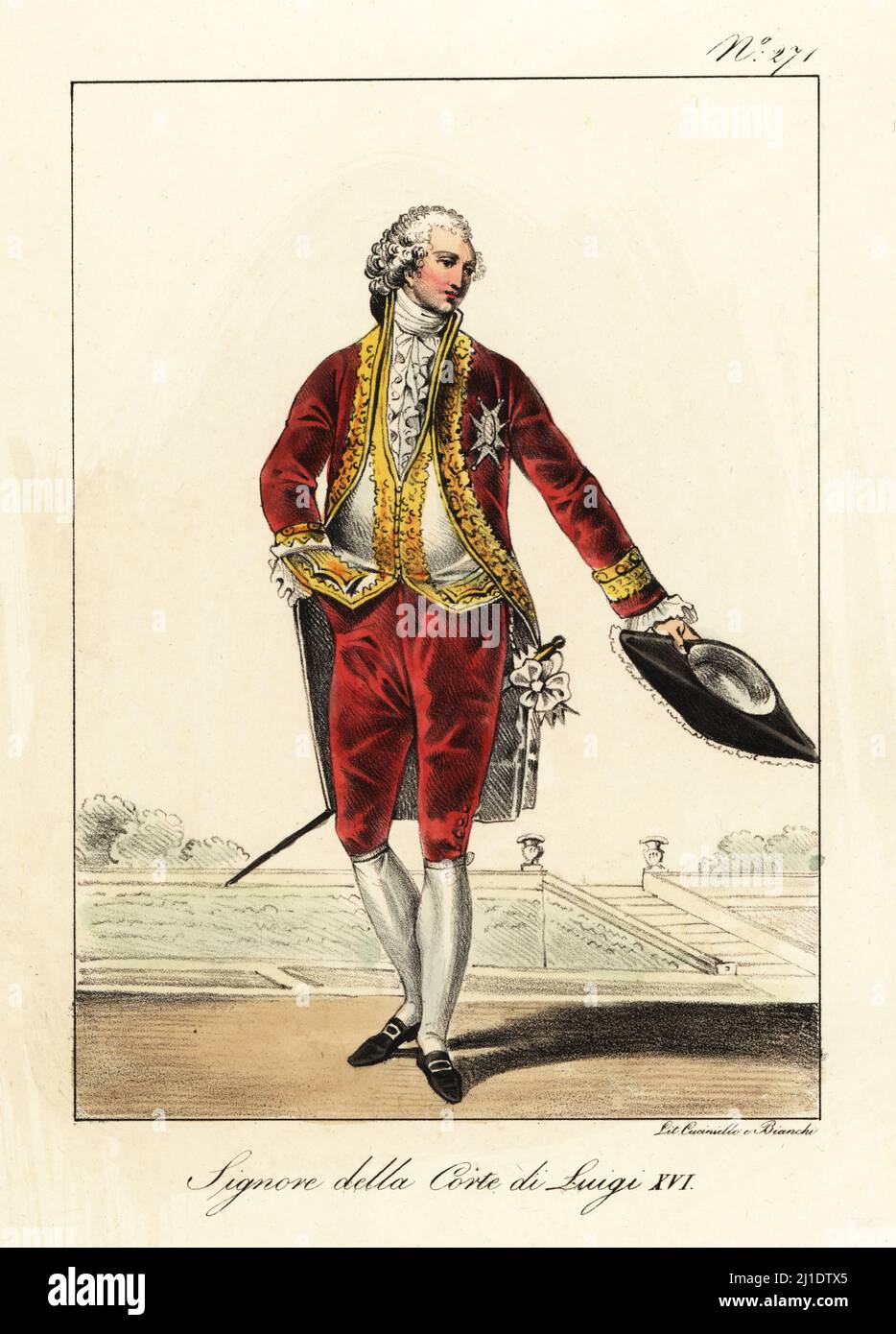 Costume d'un noble à la cour du roi Louis XVI de France, fin du 18th  siècle. En perruque, manteau de velours, gilet et culotte, broderie dorée,  épée de court, chaussures à boucle,