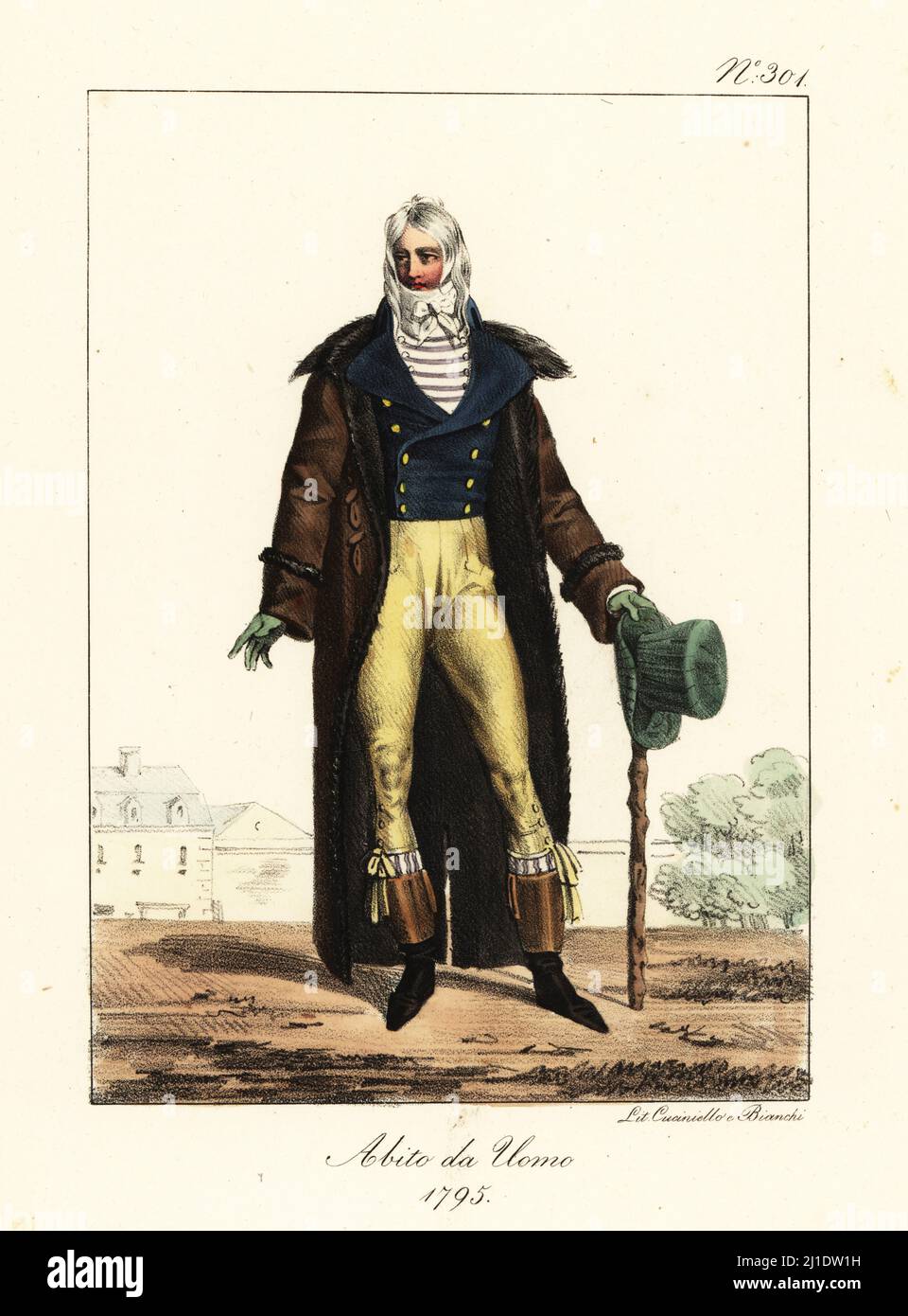 Costume d'une dandy française ou incroyable, Directoire Era, 1795. Col haut  avec cravat, long rouge, veste sans manches à revers croisé, pantaons à  revers et bottes longueur mollet avec poignets hauts. Il