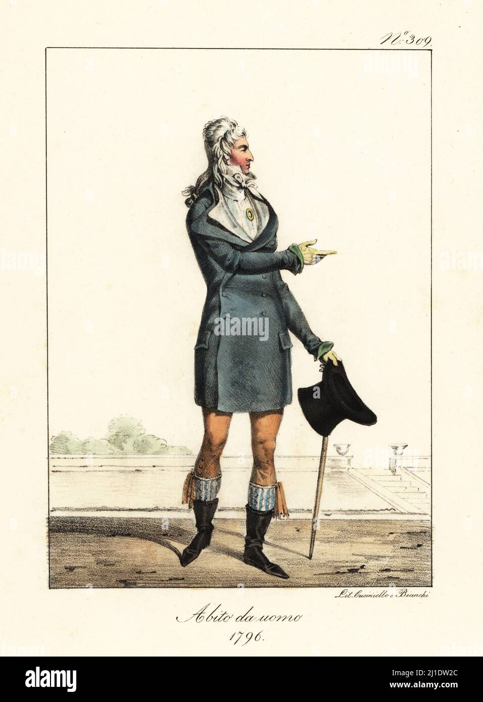 Homme à la mode ou incroyable, Directoire Era, 1798. En manteau de coachman  avec cinq capes, col haut, cravat, gilet, flexible, bottes longueur mollet,  avec chapeau. Costume d'homme. Lithographie de couleur main