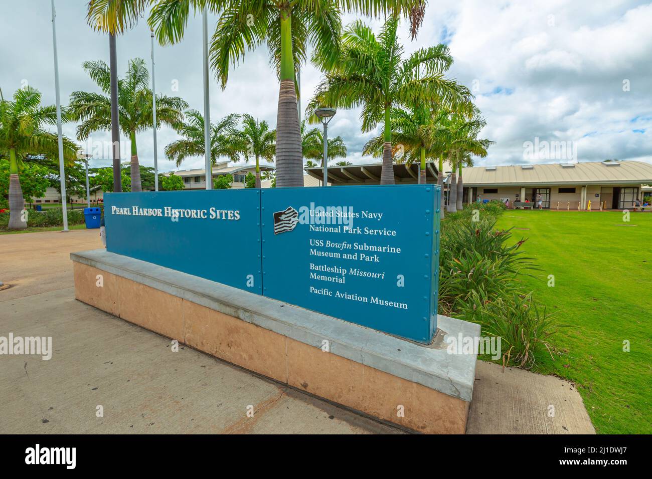 HONOLULU, OAHU, HAWAII, États-Unis - 21 AOÛT 2016 : porte d'entrée des sites historiques de Pearl Harbor sur l'île d'Oahu à Hawaï. Historique américain Banque D'Images