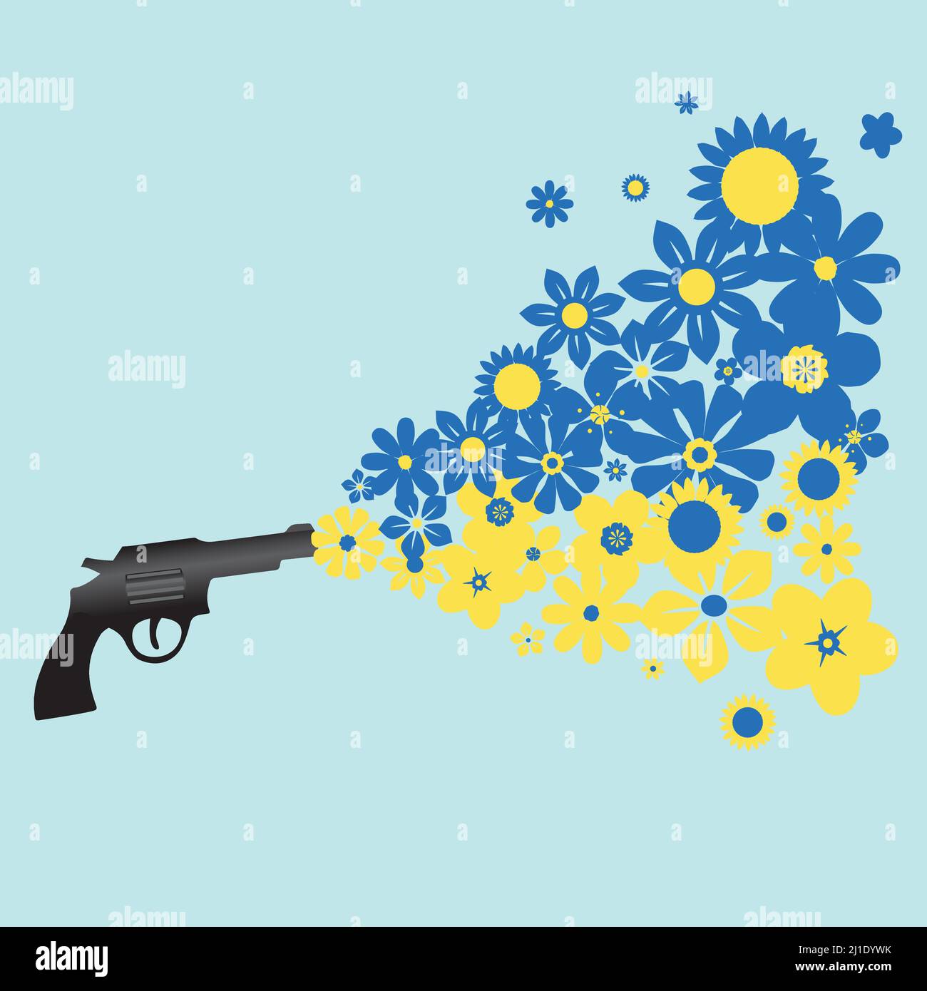 Un pistolet qui tourne des fleurs colorées dans les couleurs d'un drapeau ukrainien. Une image symbolique pour mettre fin à la violence de guerre Illustration de Vecteur