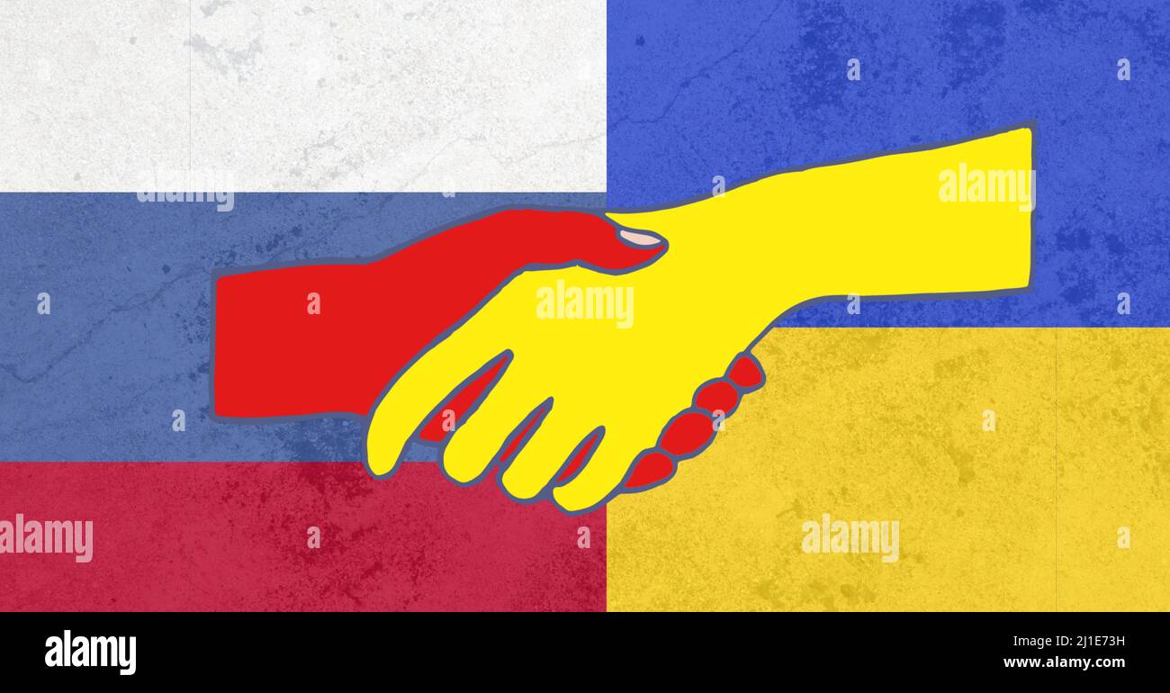 Image composite numérique des mains jaunes et rouges saluant sur les drapeaux russes et ukrainiens Banque D'Images