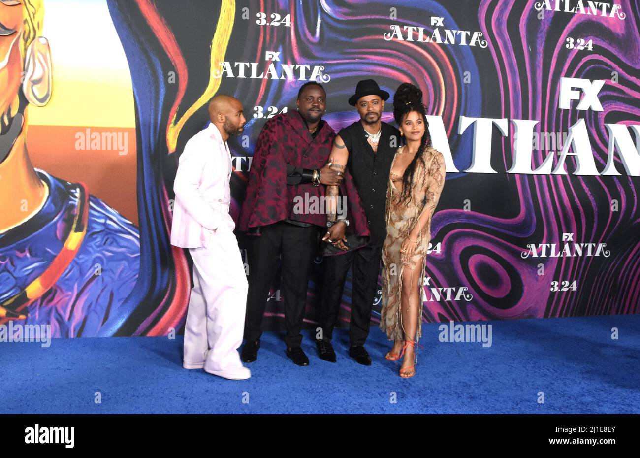 Los Angeles, Californie, États-Unis. 24th mars 2022. (G-D) l'acteur Donald Glover, l'acteur Brian Tiree Henry, l'acteur LaKeith Stanfield et l'actrice Zazie Beetz assistent à la première de la saison 3 'Atlanta' du FX au cimetière Hollywood Forever le 24 mars 2022 à Los Angeles, Californie, États-Unis. Crédit : Barry King/Alay Live News Banque D'Images