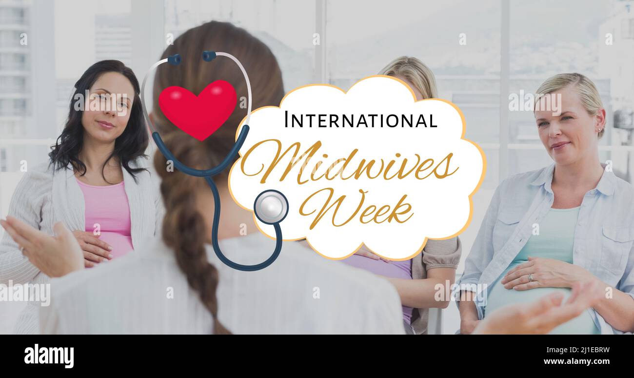 Image numérique composite du texte de la semaine des sages-femmes avec stéthoscope sur le médecin et les femmes enceintes Banque D'Images