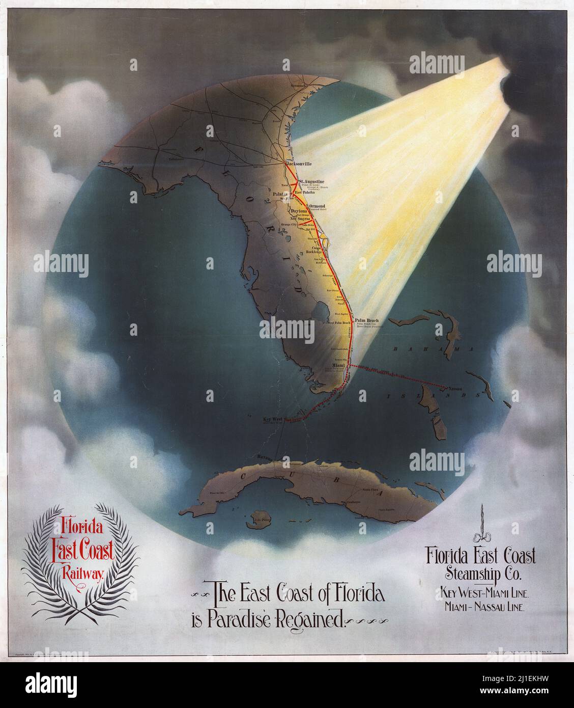 Poster de voyage 1898 - la côte est de la Floride est un paradis retrouvé. Florida East Coast Steamship Co. Florida East Coast Railway. Art par Beckwith. Banque D'Images