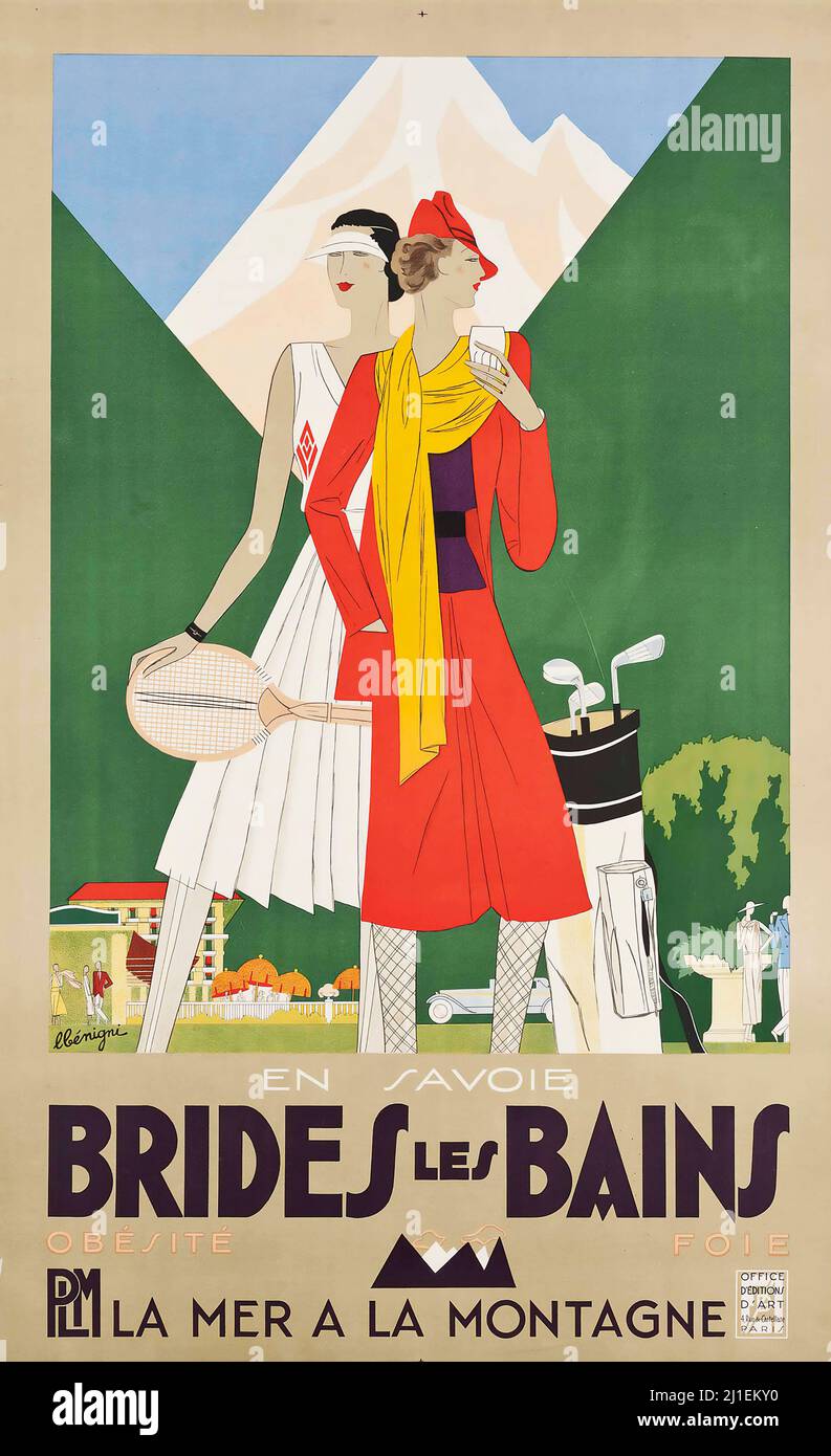 Affiche de voyage vintage - LEON BÉNIRNB - BRIDES LES BAINS, PLM, 1929 - affiche Art déco. Banque D'Images