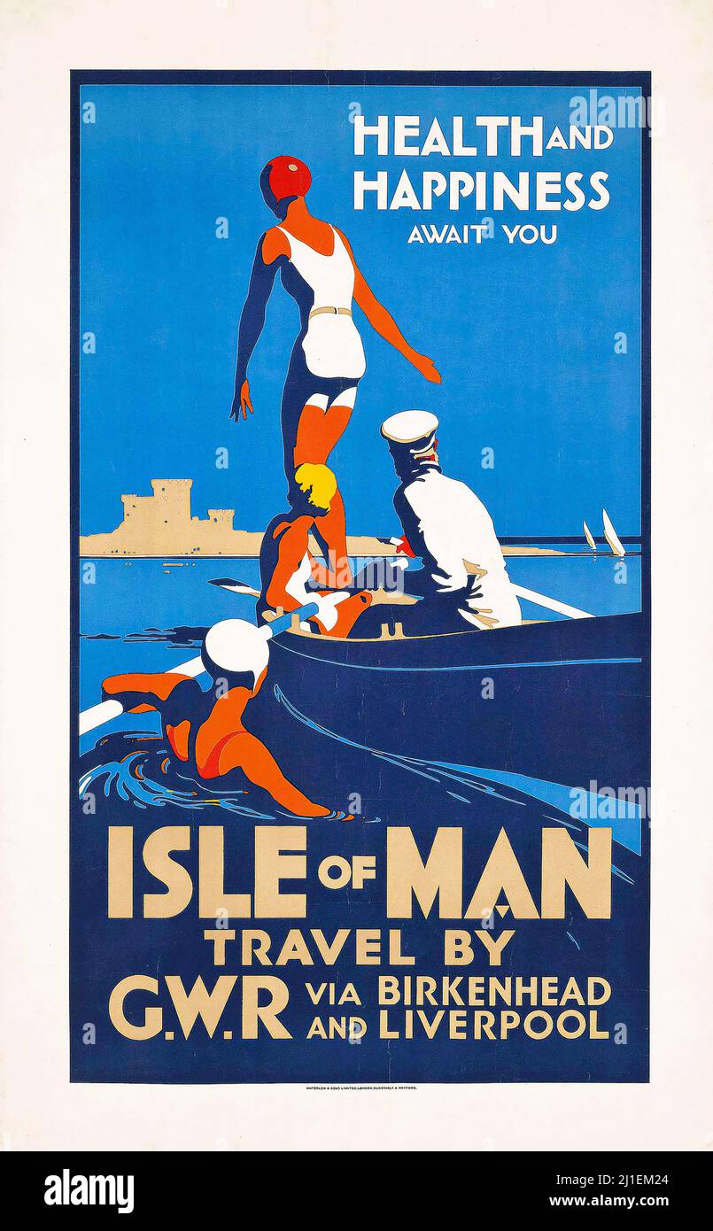 Affiche de voyage vintage - F B Hayes - LITHOGRAPHIE DE L'ÎLE DE MAN en couleurs, 1932 Banque D'Images