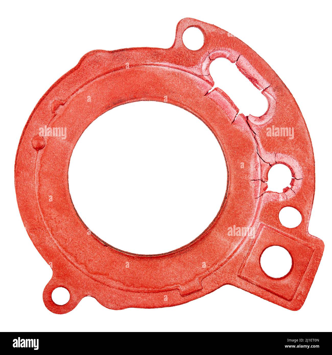 Ancien joint en caoutchouc rouge de chaudière à gaz isolé sur fond blanc Banque D'Images