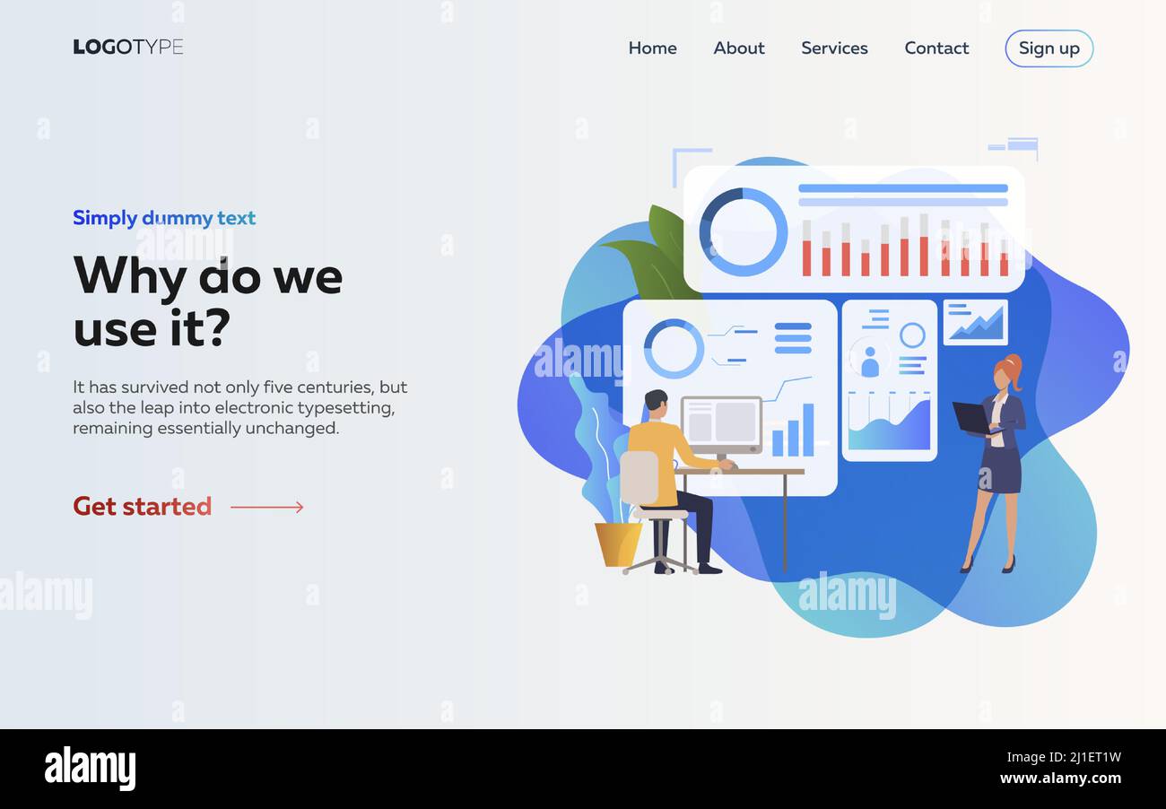 Les employeurs analysent la page d'accueil des infographies. Ordinateur portable, écran, diagrammes. Concept d'efficacité. L'illustration vectorielle peut être utilisée pour des sujets tels que les affaires, Illustration de Vecteur