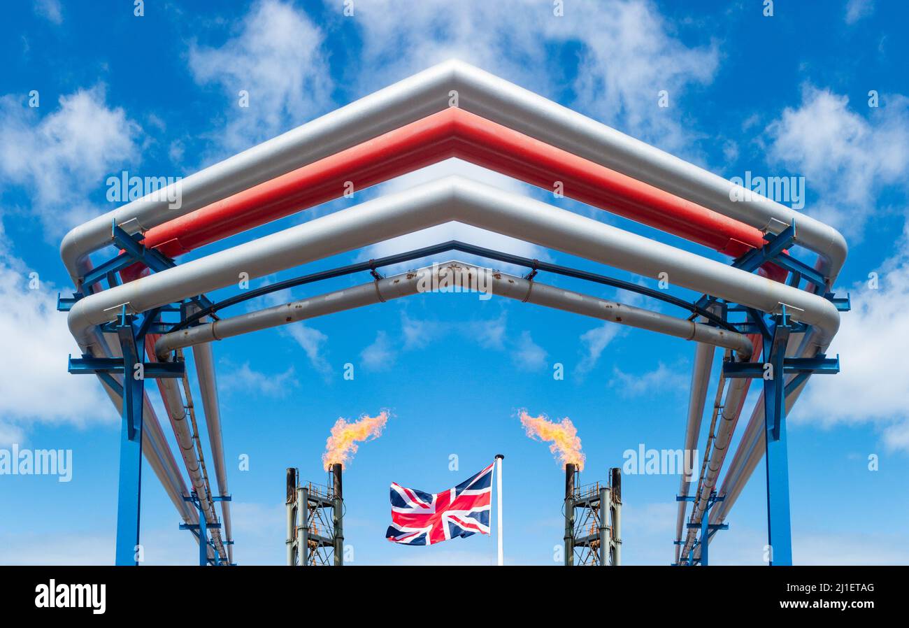 Drapeau britannique sous gazoduc. Crise énergétique, Russie conflit en Ukraine, guerre au Royaume-Uni, approvisionnement en gaz en Europe, crise du coût de la vie, gaz russe. Banque D'Images