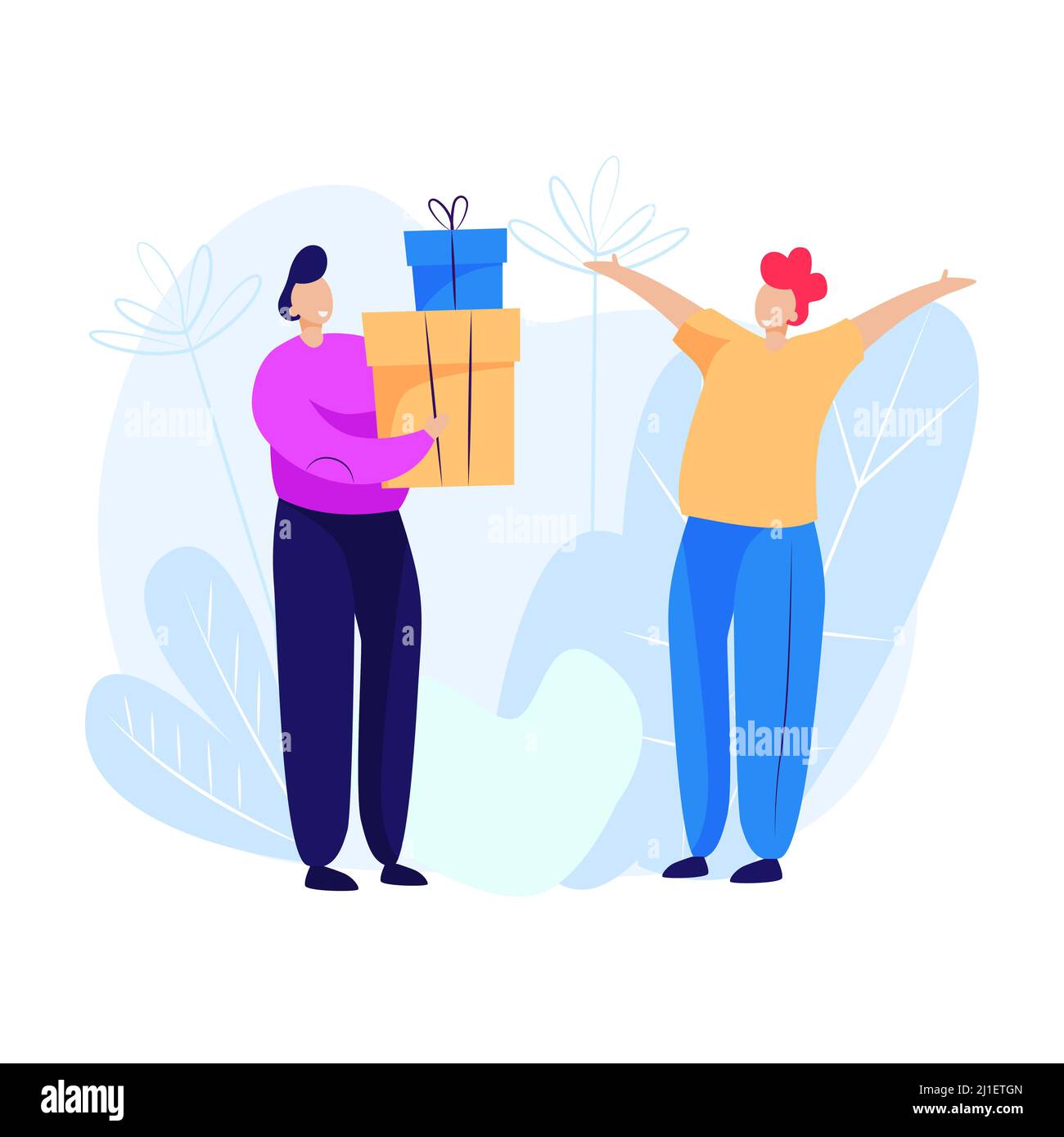 Homme donnant des cadeaux à l'homme. Vacances, générosité, joie. Concept de don. L'illustration vectorielle peut être utilisée pour des sujets comme l'amour, la famille, l'amitié Illustration de Vecteur