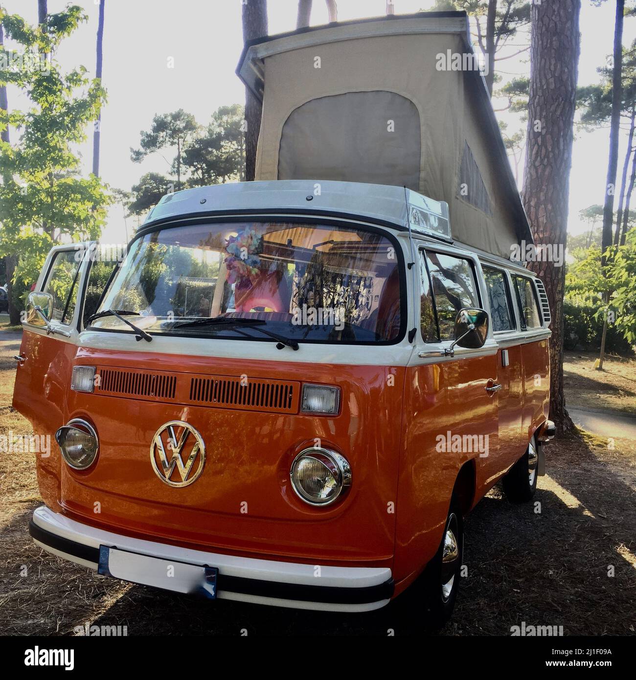 Orange vif Volkswagen kombi van vintage dans un état parfait dans un beau camping. Banque D'Images