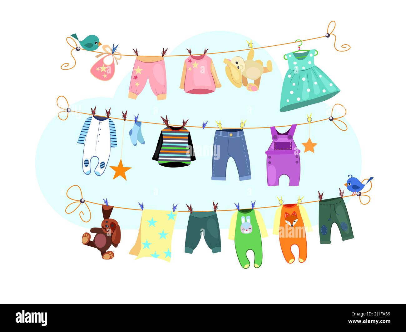 Ensemble de vêtements pour bébé. Collection de vêtements de séchage. Peut être utilisé pour des sujets comme la lessive, les travaux ménagers, les vêtements pour bébés Illustration de Vecteur